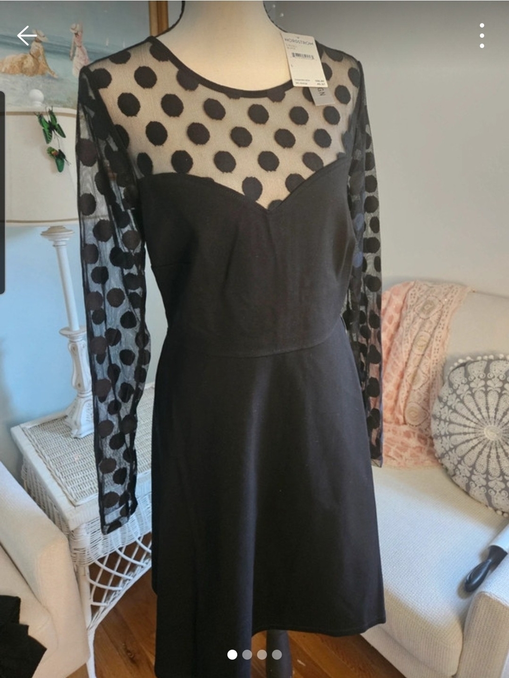 Nordstrom Black Sheer Polka Dot Long-Sleeve A-Line Dress